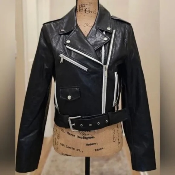 Michael Kors Black Crop Faux Leather Biker Jacket Size Small - Picture 1 of 6